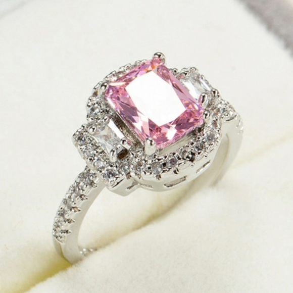 FAIRY TALE 925 BRILLIANT EMERALD-CUT 1.83CT PINK & WHITE TOPAZ QUARTZ RI… - Picture 2 of 11